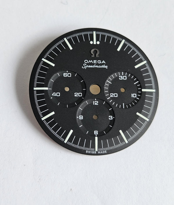A black Omega Speedmaster Moonwatch Type A8 dial for ST 145.022 - Cal.