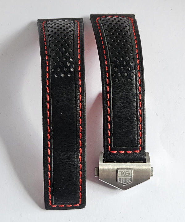 TAG HEUER Black Leather Watch Strap 22mm With Deployment Clasp