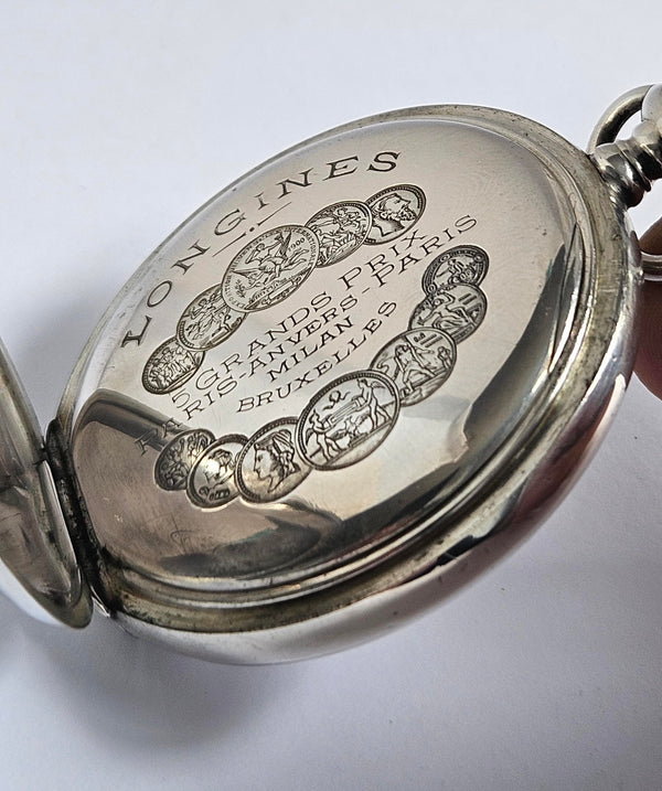 Longines Pocket Watch - Silver case - Vintage -5 Grand Prix -Paris Milan Bruxelles-1907