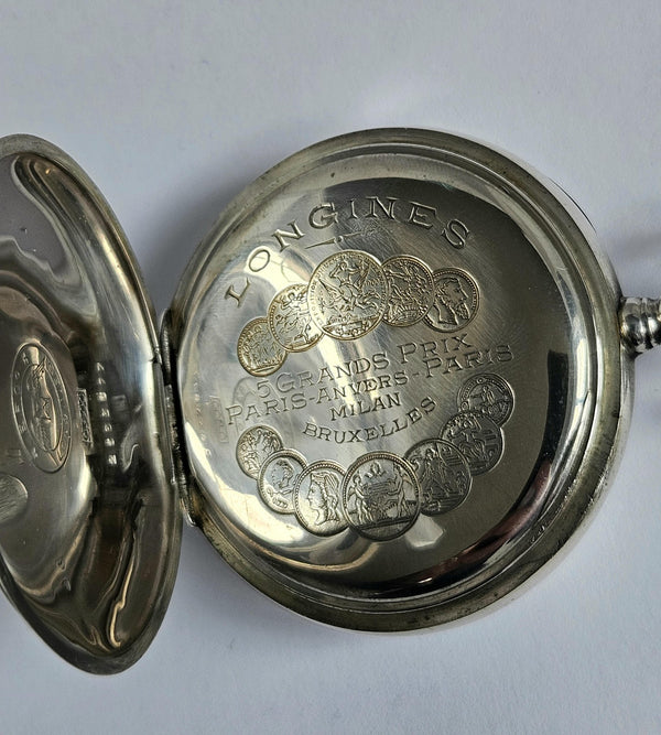 Longines Pocket Watch - Silver case - Vintage -5 Grand Prix -Paris Milan Bruxelles-1907